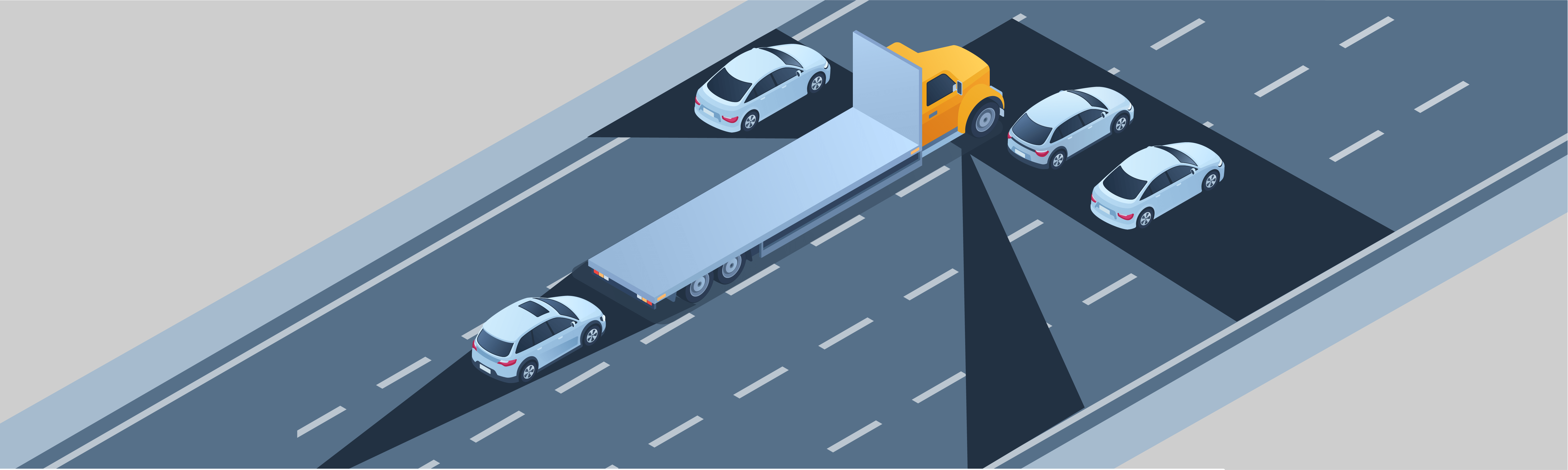 Driving Test Canada - Car Sharing the road - When compared to regular vehicles, the blind spots of large commercial vehicles are: